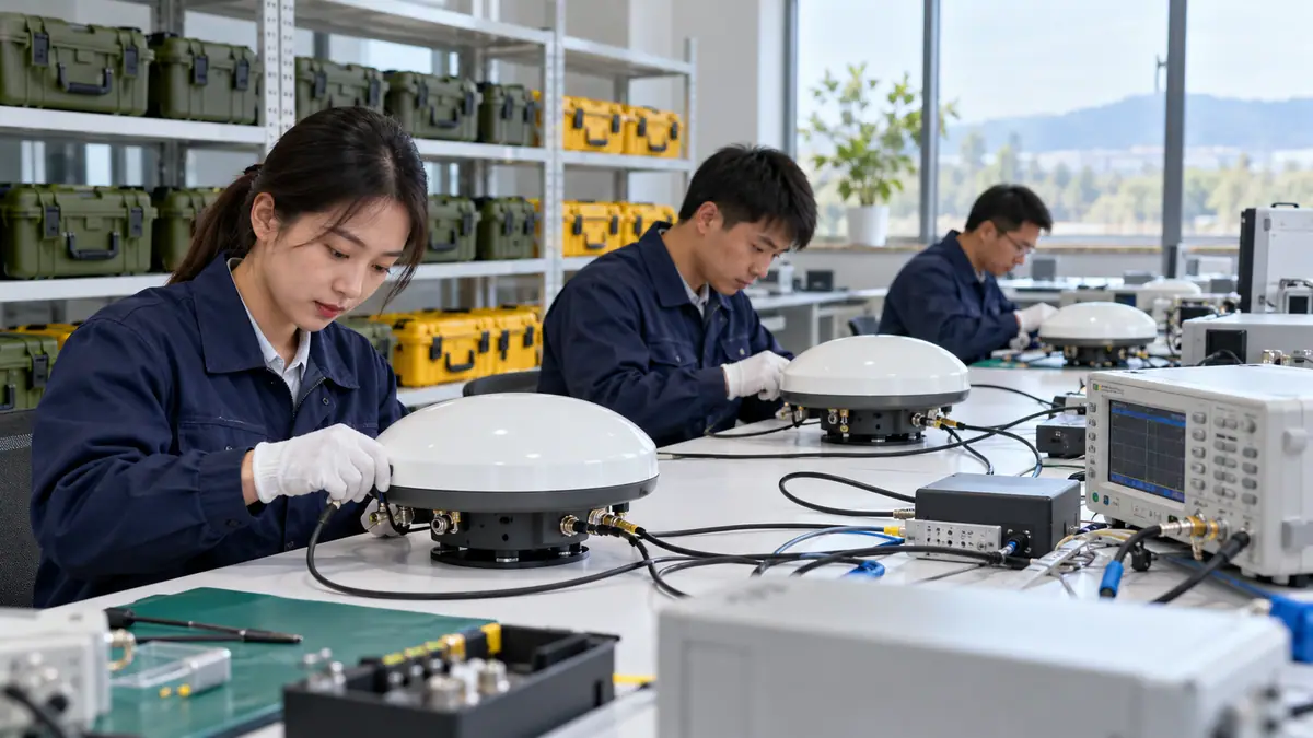 Technicians testing GNSS receivers on a workbench